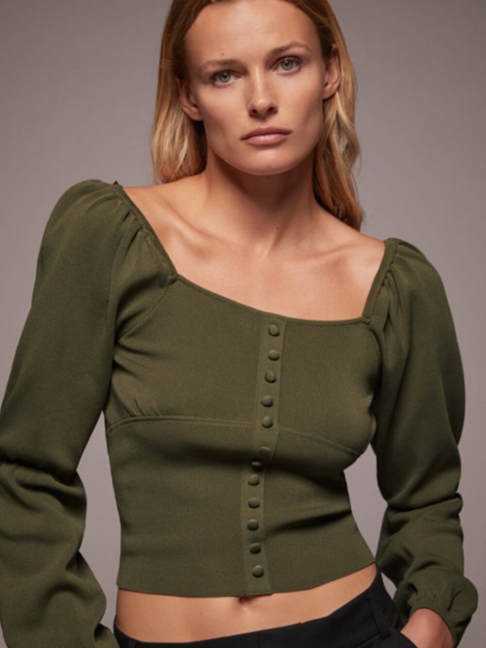 Zara Olive Green Square-Neck Puff Sleeve Crop Top